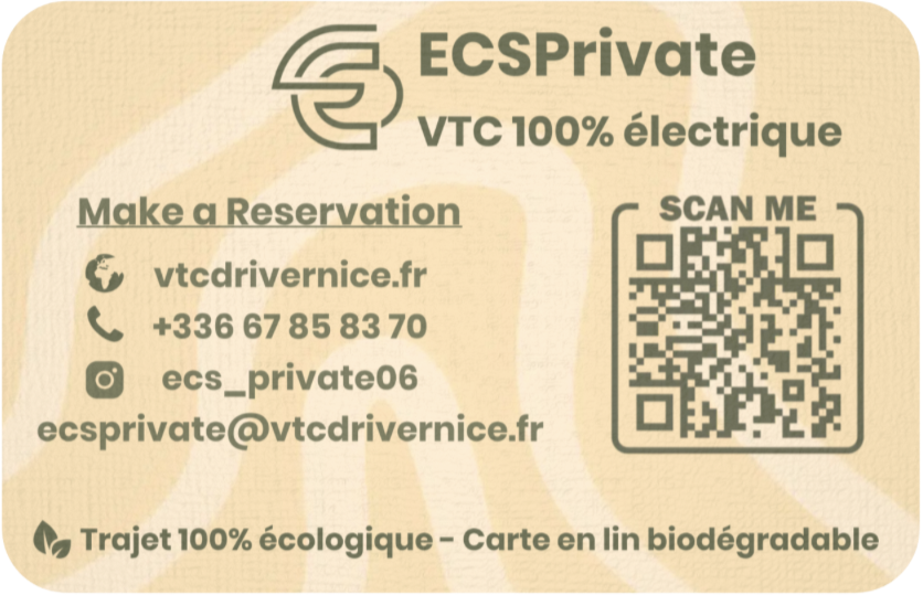 Verso carte de visite ECS Private — chauffeur privé éco-responsable French Riviera, VTC électrique zéro émission Côte d'Azur